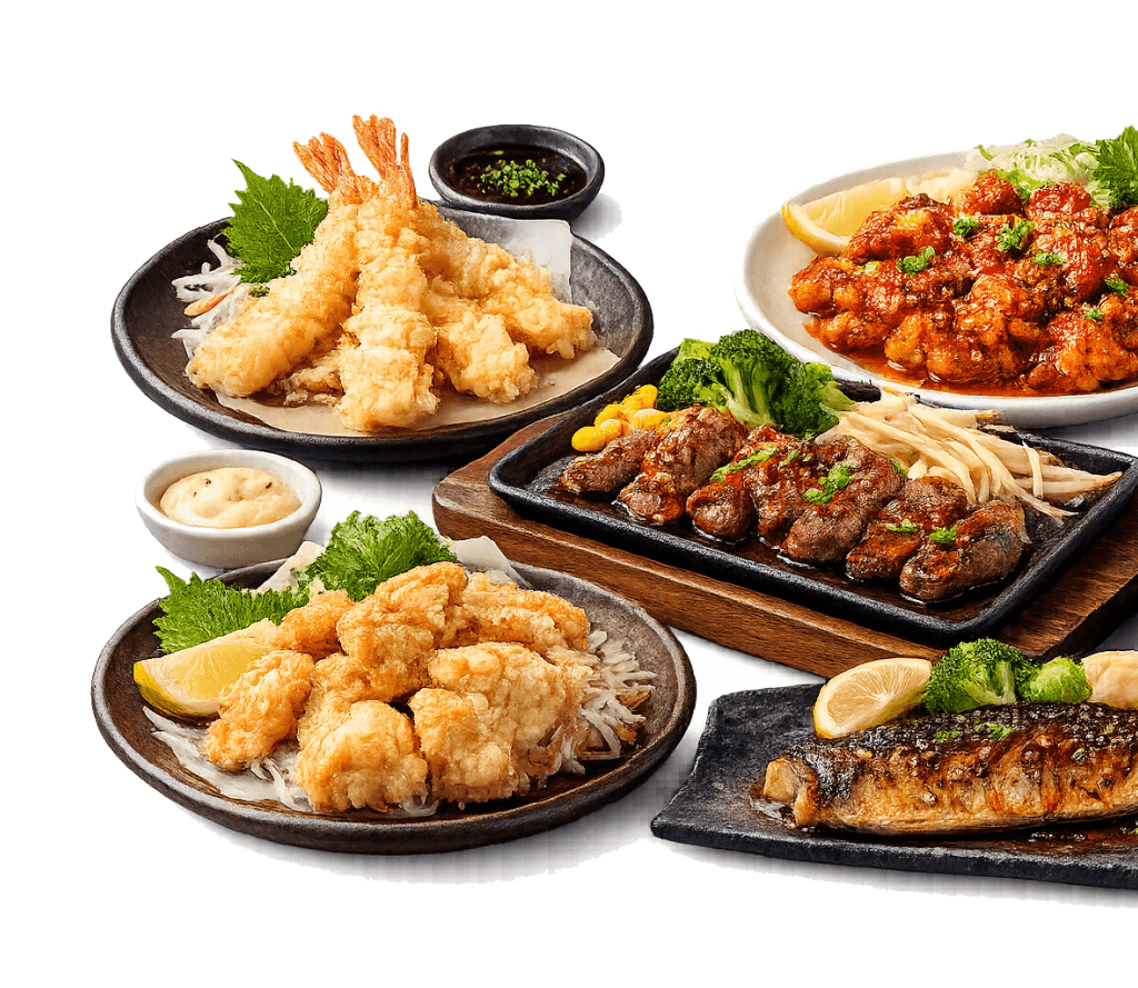 A spread of Just Bento dishes: prawn tempura, chicken karaage, teppanyaki beef and grilled saba