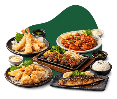 A spread of Just Bento dishes: prawn tempura, chicken karaage, teppanyaki beef and grilled saba